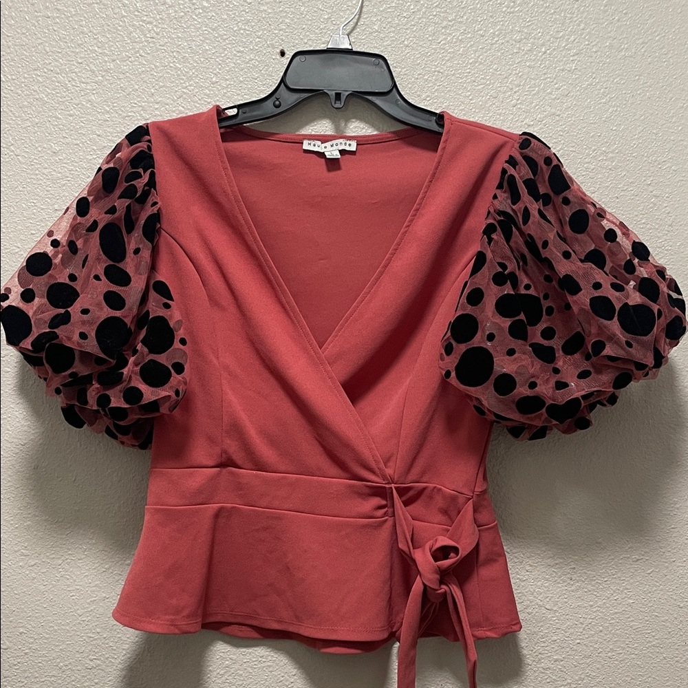 Haute Monde Pink Wrap Blouse with Black Velvet Polka Dot Sleeves